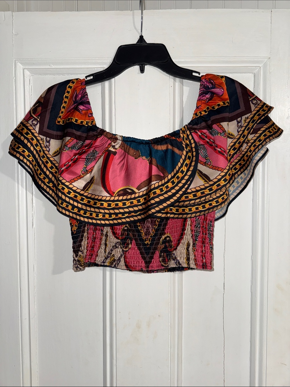 AKIRA Baroque Scarf‎ Print Off The Shoulder Crop Top Smocked Medium